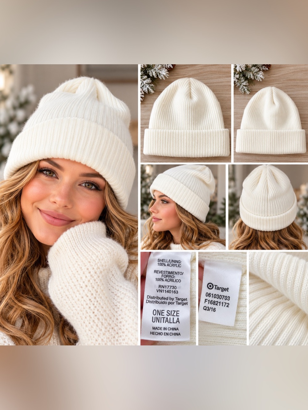 Cream Ribbed Knit Cuffed Beanie One Size Target 100% Acrylic Winter Hat. $14